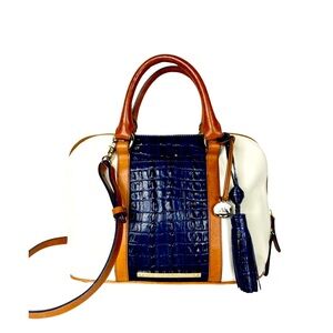 Brahmin Vivian Dome Leather Handbag - White Navy Blue Tan Satchel Tote